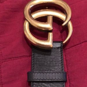 Women’s Gucci Brass Double G Black Leather Belt 95-38 Made in Italy Authentic